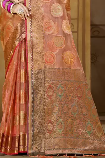 Sangam prints pink organza woven work traditional saree