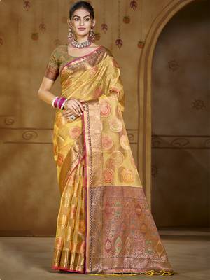 Sangam prints yellow organza woven work traditional saree 1