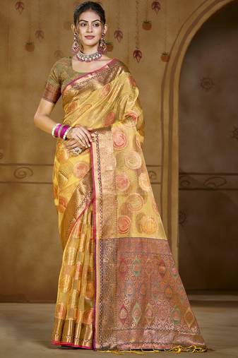 Sangam prints yellow organza woven work traditional saree