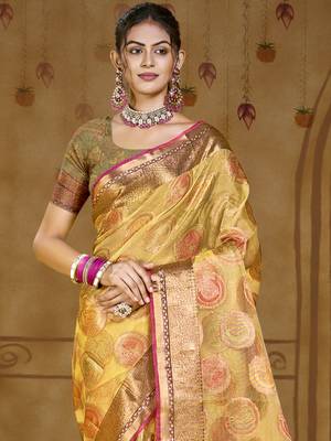 Sangam prints yellow organza woven work traditional saree 2