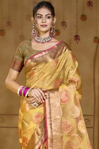 Sangam prints yellow organza woven work traditional saree