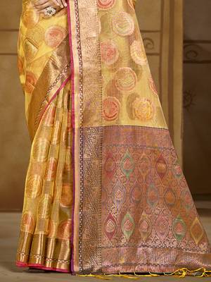 Sangam prints yellow organza woven work traditional saree 3