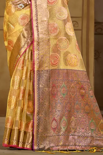 Sangam prints yellow organza woven work traditional saree
