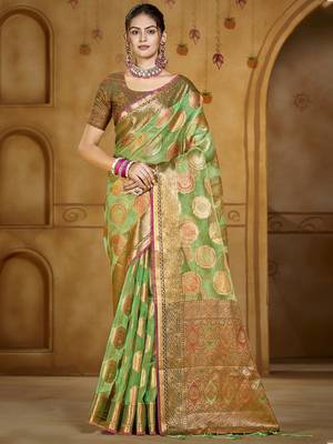 Sangam prints green organza woven work traditional saree 1