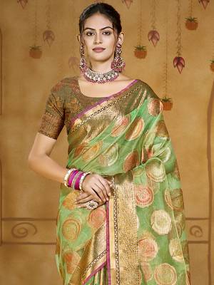 Sangam prints green organza woven work traditional saree 2