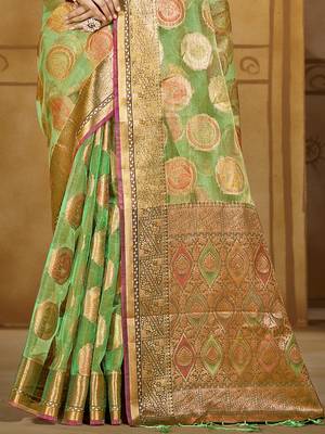 Sangam prints green organza woven work traditional saree 3