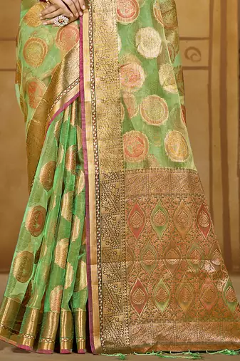 Sangam prints green organza woven work traditional saree