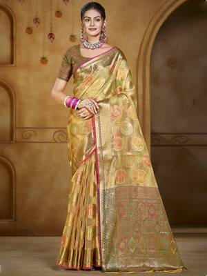 Sangam prints olive green organza woven work traditional saree 1