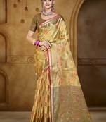 Sangam prints olive green organza woven work traditional saree