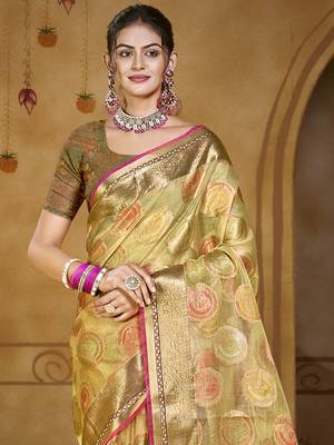 Sangam prints olive green organza woven work traditional saree 2