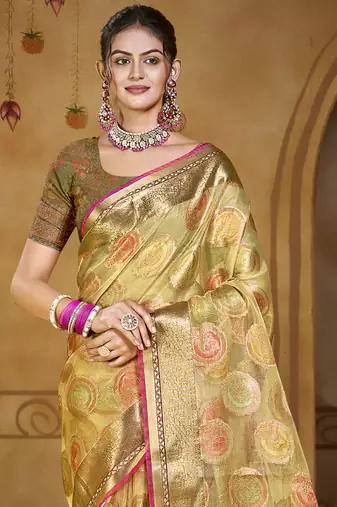 Sangam prints olive green organza woven work traditional saree