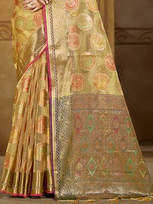 Sangam prints olive green organza woven work traditional saree 3
