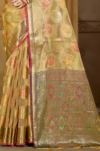 Sangam prints olive green organza woven work traditional saree