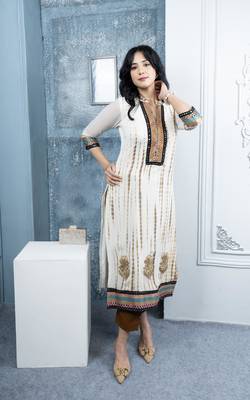 Nikhaa embroidered off white georgette straight cut kurta & 1
