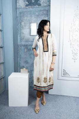 Nikhaa embroidered off white georgette straight cut kurta & 4