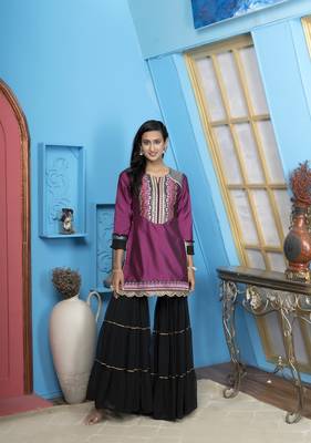 Nikhaa embroidered magenta cotton silk straight cut kurta & 1