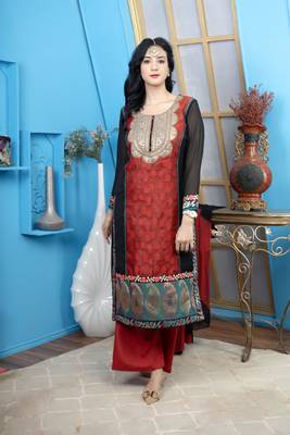 Nikhaa embroidered maroon silk straight cut kurta & 1