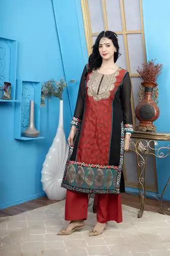 Nikhaa embroidered maroon silk straight cut kurta &