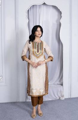 Beige embroidered silk straight cut kurta set 1