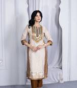 Nikhaa embroidered beige silk straight cut kurta &