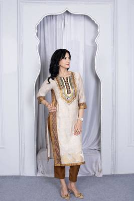 Beige embroidered silk straight cut kurta set 4