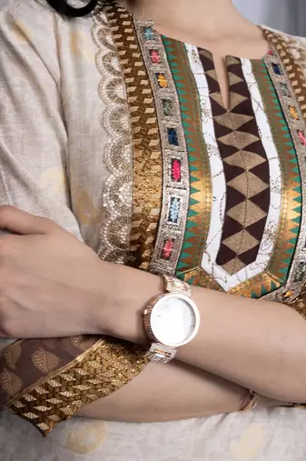 Nikhaa embroidered beige silk straight cut kurta &