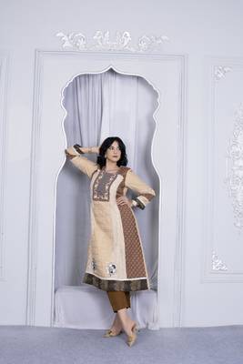 Nikhaa embroidered beige silk a line kurta & 3