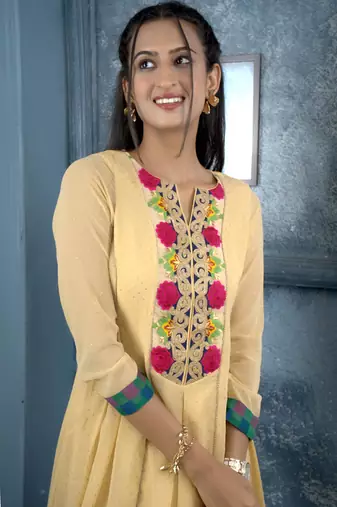Nikhaa embroidered beige georgette a line kurta &