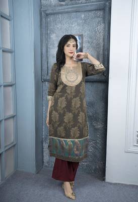Nikhaa embroidered brown silk straight cut kurta & 1