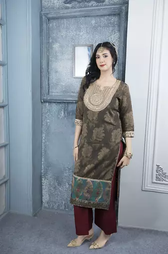 Nikhaa embroidered brown silk straight cut kurta &