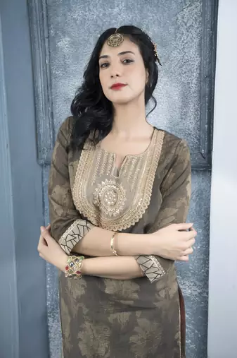 Nikhaa embroidered brown silk straight cut kurta &