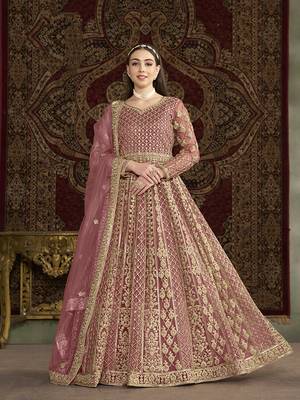 Net embroidered & sequins work floor length gown in pink 1