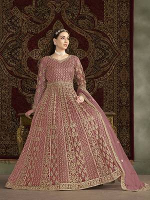 Net embroidered & sequins work floor length gown in pink 2