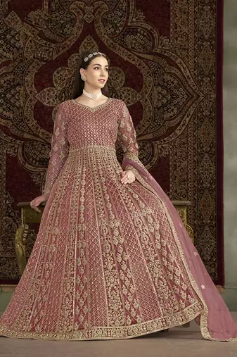 Net embroidered & sequins work floor length gown in pink