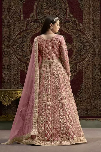 Net embroidered & sequins work floor length gown in pink