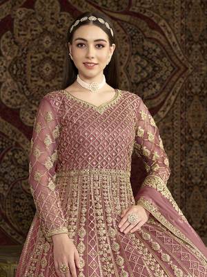 Net embroidered & sequins work floor length gown in pink 4