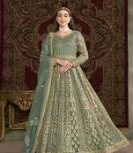 Net embroidered & sequins work floor length gown in light green