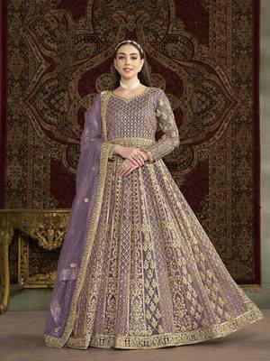 Net embroidered & sequins work floor length gown in lilac 1