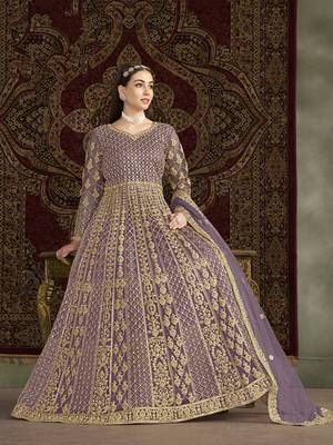 Net embroidered & sequins work floor length gown in lilac 2