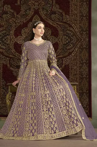 Net embroidered & sequins work floor length gown in lilac