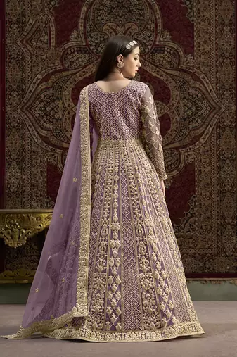 Net embroidered & sequins work floor length gown in lilac