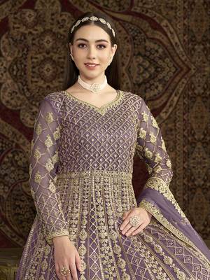 Net embroidered & sequins work floor length gown in lilac 4