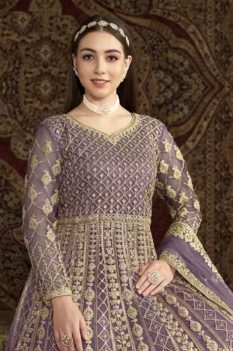 Net embroidered & sequins work floor length gown in lilac