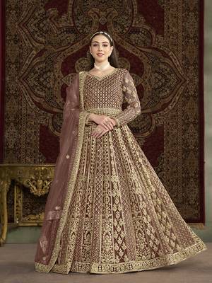 Net embroidered & sequins work floor length gown in brown 1