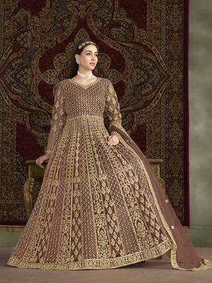 Net embroidered & sequins work floor length gown in brown 2
