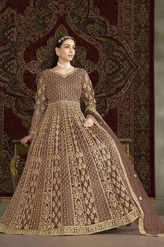 Net embroidered & sequins work floor length gown in brown
