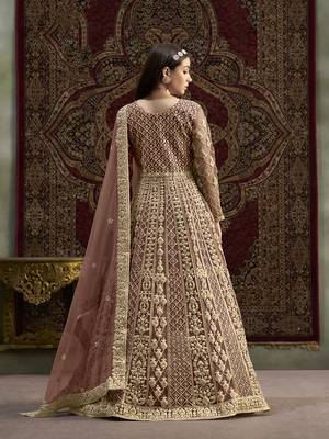 Net embroidered & sequins work floor length gown in brown 3