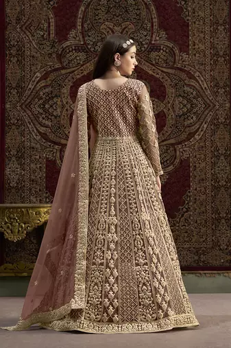 Net embroidered & sequins work floor length gown in brown
