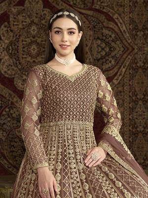 Net embroidered & sequins work floor length gown in brown 4