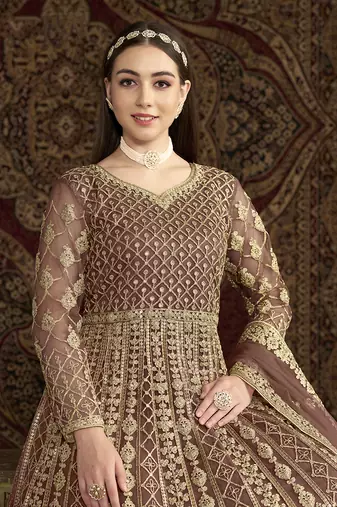 Net embroidered & sequins work floor length gown in brown